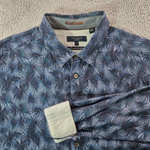Ted Baker Other - Ted Baker Shirt Men Size 5 Flip‎ Cuff Button Up Long Sleeve Leaf Print Blue Tone